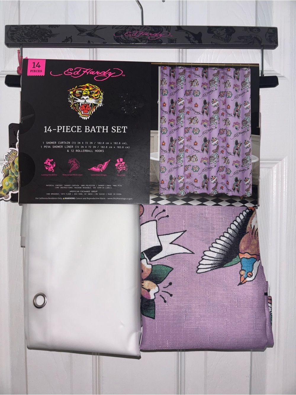 Ed Hardy Lavender Tattoo-Print Bath Set with White Liner